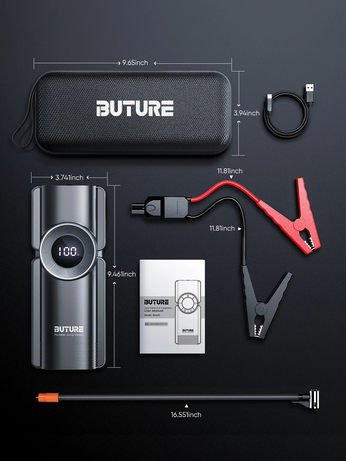 Buture 4 in 1 Jump Starter – 2500A Avviatore, Compressore d'Aria 150PSI, Power Bank 20000mAh e Gonfiatore Digitale 15V