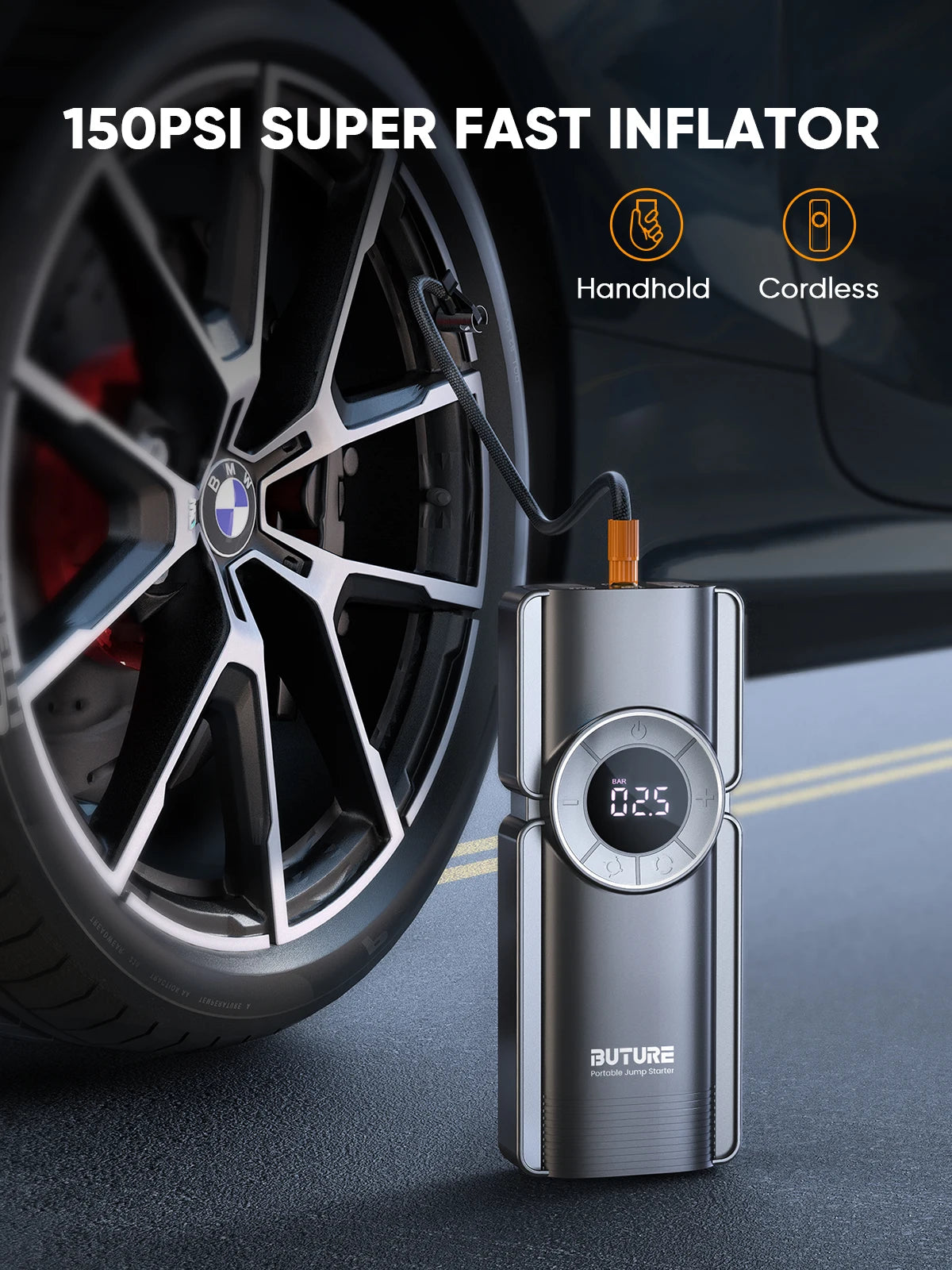 Buture 4 in 1 Jump Starter – 2500A Avviatore, Compressore d'Aria 150PSI, Power Bank 20000mAh e Gonfiatore Digitale 15V