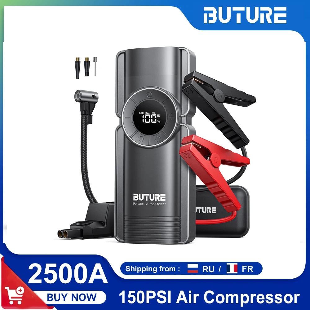 Buture 4 in 1 Jump Starter – 2500A Avviatore, Compressore d'Aria 150PSI, Power Bank 20000mAh e Gonfiatore Digitale 15V