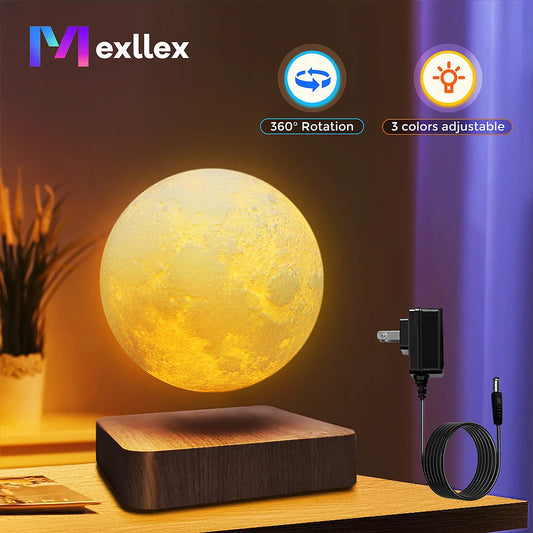 Lampada Luna Fluttuante 3D con Base Magnetica in Legno – 3 Colori, Touch, Rotazione 360°