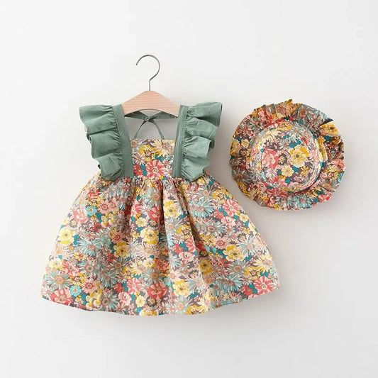 Vestitino Estivo Bimba 0-3 Anni a Fiori Senza Maniche con Cappellino